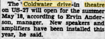 Coldwater Drive-In Theatre - 08 May 1952 Article (newer photo)